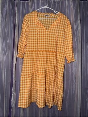 Nanette Lepore Yellow & White Gingham Tiered Midi Dress